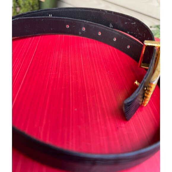 Vintage Carlisle Black Leather Belt Gold Grated Buckle Size M